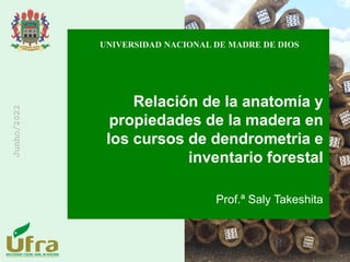 UNIVERSIDAD NACIONAL DE MADRE DE DIOS
Junho/2022
Relación de la anatomía y
propiedades de la madera en
los cursos de dendrometria e
inventario forestal
Prof.ª Saly Takeshita
 