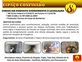 TELA INICIAL Simuladores Indoor, Pranchas de Resgate, Tripés, Talas Ked, Cilindros de Ar,  Salas de Aulas Climatizadas , Vestiários, Refeitório com Churrasqueira. CURSOS EM PERFEITO ATENDIMENTO À LEGISLAÇÃO NR 33 (Lei Federal nº 6.514/77, da Portaria nº 3.214/78) NBR 14.606 e 14.787:2009 da ABNT Protocolos Técnicos do Corpo de Bombeiros OBJETIVO DO CURSO Formar profissionais para  reconhecimento, avaliação, controle medidas de prevenção, administrativas e pessoais quanto aos Espaços Confinados, tanto para Trabalhadores, como Vigias e Supervisores de Entrada em Espaço Confinado , bem como estabelecer um padrão de comportamento visando uma atitude adequada, rápida, segura e isenta de pânico em situações de emergência.   Carga horária:  16 horas (Trabalhador e Vigia) e 40 horas (Supervisor de Entrada) 
