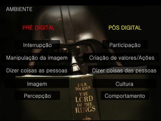 AMBIENTE


      PRÉ DIGITAL                PÓS DIGITAL


      Interrupção                Participação

Manipulação da imagem     Criação de valores/Ações

Dizer coisas as pessoas    Dizer coisas das pessoas

       Imagem                      Cultura

      Percepção                Comportamento
 