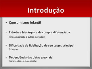 • Consumismo Infantil

• Estrutura hierárquica de compra diferenciada
  (em comparação a outros mercados)


• Dificuldade de fidelização de seu target principal
  (crianças)


• Dependência das datas sazonais
  (para vendas em larga escala)
 