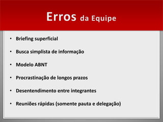 • Briefing superficial

• Busca simplista de informação

• Modelo ABNT

• Procrastinação de longos prazos

• Desentendimento entre integrantes

• Reuniões rápidas (somente pauta e delegação)
 