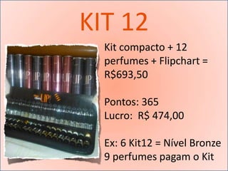 KIT 12
  Kit compacto + 12
  perfumes + Flipchart =
  R$693,50

  Pontos: 365
  Lucro: R$ 474,00

  Ex: 6 Kit12 = Nível Bronze
  9 perfumes pagam o Kit
 