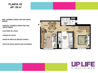 PLANTA 1D
AP: 38 m²
PAREDES: CERÂMICA ESMALTADA NAS
ÁREAS ÚMIDAS
LAVATÓRIO DE LOUÇA
TANQUE DE LOUÇA
GESSO NA ÁREA DE SERVIÇO E BWCS
PONTO DE ÁGUA QUENTE NOS CHUVEIROS
PISO: CERÂMICA ESMALTADA NAS ÁREAS
ÚMIDAS
 
