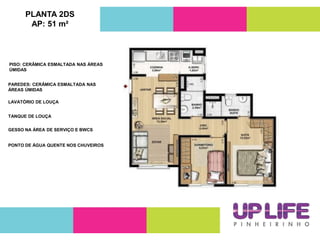 PLANTA 2DS
AP: 51 m²
PAREDES: CERÂMICA ESMALTADA NAS
ÁREAS ÚMIDAS
LAVATÓRIO DE LOUÇA
TANQUE DE LOUÇA
GESSO NA ÁREA DE SERVIÇO E BWCS
PONTO DE ÁGUA QUENTE NOS CHUVEIROS
PISO: CERÂMICA ESMALTADA NAS ÁREAS
ÚMIDAS
 