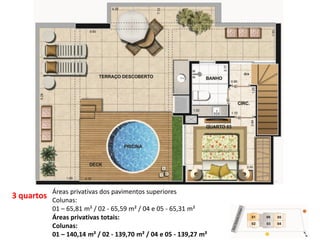3 quartos
Áreas privativas dos pavimentos superiores
Colunas:
01 – 65,81 m² / 02 - 65,59 m² / 04 e 05 - 65,31 m²
Áreas privativas totais:
Colunas:
01 – 140,14 m² / 02 - 139,70 m² / 04 e 05 - 139,27 m²
 