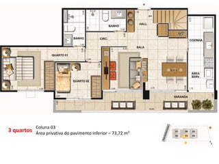 3 quartos
Coluna 03
Área privativa do pavimento inferior – 73,72 m²
 
