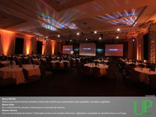 Convenção
Nossa Missão:
Ofertar aos nossos clientes soluções criativas de eventos que surpreendam pela qualidade, inovação e agilidade.
Nossa Visão:
Ser a referência de soluções criativas para o mercado de eventos.
Nossos Valores:
Foco na necessidade do cliente / Dedicação na busca de soluções eficientes / Agilidade e qualidade no atendimento e na entrega
 
