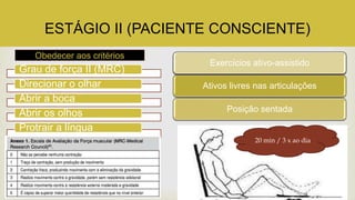 ESTÁGIO II (PACIENTE CONSCIENTE)
Grau de força II (MRC)
Direcionar o olhar
Abrir a boca
Abrir os olhos
Protrair a língua
Ativos livres nas articulações
Perda de apetite
Posição sentada
Sem sinal de desconforto respiratórioExercícios ativo-assistido
Obedecer aos critérios
20 min / 3 x ao dia
 