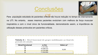 
Conclusões
Para população estudada de pacientes críticos não houve redução no tempo de internamento
na UTI. No entanto, esses mesmos pacientes evoluíram com melhora da força muscular
inspiratória e com o nível cinco de funcionalidade, demonstrando assim, a importância da
utilização desses protocolos em pacientes críticos.
 