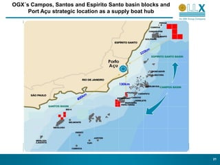 OGX´s Campos, Santos and Espirito Santo basin blocks and
     Port Açu strategic location as a supply boat hub




                                                           21
 