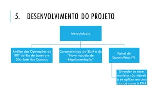 5. DESENVOLVIMENTO DO PROJETO
Metodologia
Análise das Operações do
BRT do Rio de Janeiro e
São José dos Campos
Características do SUM e do
“Novo modelo de
Regulamentação”
Painel de
Especialistas (?)
Entender se esses
modelos são viáveis
a se aplicar em uma
cidade como a RMR
 