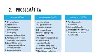 2. PROBLEMÁTICA
Banister (2008)
• Os princípios:
1.Informação
2.Envolvimento e
comunicação
3.Packaging
4.Vender os benefícios
5.Políticas controversas
adotadas por etapas
6.Consistência entre
diferentes medidas e
setores políticos
7.Adaptabilidade
Holden et al (2020)
• As narrativas:
1.O governo verde
2.A compra verde
3.O veículo limpo
4.Prover transporte
público
5.O viajante responsável
6.A mobilidade
compartilhada
7.A cidade compacta
8.A vida essencial (ODS)
9.Os elétrons viajantes
Holden et al (2020)
• As três grandes
narrativas:
1.Eletromobilidade
2.Transporte Coletivo 2.0
3.Sociedade da Baixa
Mobilidade
 