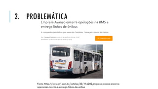 2. PROBLEMÁTICA
Fonte: https://www.cn1.com.br/noticias/20/116282,empresa-avanco-encerra-
operacoes-na-rms-e-entrega-linhas-de-onibus
 
