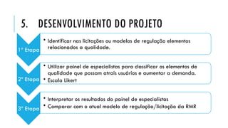 5. DESENVOLVIMENTO DO PROJETO
1º Etapa
• Identificar nas licitações ou modelos de regulação elementos
relacionados a qualidade.
2º Etapa
• Utilizar painel de especialistas para classificar os elementos de
qualidade que possam atrais usuários e aumentar a demanda.
• Escala Likert
3º Etapa
• Interpretar os resultados do painel de especialistas
• Comparar com o atual modelo de regulação/licitação da RMR
 