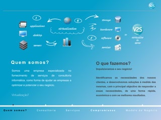 Quem somos?                                                  O que fazemos?
                                                                Impulsionamos o seu negócio!
   Somos     uma     empresa       especializada    no
   fornecimento    de   serviços     de    consultoria
                                                                Identificamos   as   necessidades    dos    nossos
   informática, como forma de ajudar as empresas a
                                                                clientes, e desenvolvemos soluções à medida das
   optimizar e potenciar o seu negócio.                         mesmas, com o principal objectivo de responder a
                                                                essas   necessidades,   de   uma    forma   rápida,
                                                                económica e com os melhores resultados.




Quem somos?             Consultoria                Serviços   Compromissos              Modelo de Negócio
 