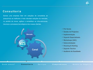 Consultoria
 Somos uma empresa líder em soluções de consultoria ao
 possuirmos as melhores e mais robustas soluções do mercado,
 no sentido de inovar, agilizar e rentabilizar as infra-estruturas,
 recursos e processos tecnológicos dos nossos clientes.


                                                                               Pré Venda
                                                                               Gestão de Projectos
                                   Mercado                                     Implementação
                                                                               Suporte Especializado
                                                                               Workshops (VAC)
                                                                               Subcontratação
                                                                               Housing & Hosting
                                                                               Suporte Técnico
                                           Canal
                                                                               Auditoria de Qualidade




Quem somos?                Consultoria              Serviços          Compromissos          Modelo de Negócio
 