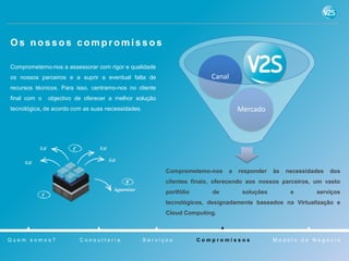 Os nossos compromissos

Comprometemo-nos a assessorar com rigor e qualidade
os nossos parceiros e a suprir a eventual falta de                      Canal
recursos técnicos. Para isso, centramo-nos no cliente
final com o   objectivo de oferecer a melhor solução
tecnológica, de acordo com as suas necessidades.                                 Mercado




                                                         Comprometemo-nos    a   responder   às   necessidades   dos
                                                         clientes finais, oferecendo aos nossos parceiros, um vasto
                                                         portfólio      de        soluções         e       serviços
                                                         tecnológicos, designadamente baseados na Virtualização e
                                                         Cloud Computing.



Quem somos?              Consultoria               Serviços          Compromissos            Modelo de Negócio
 