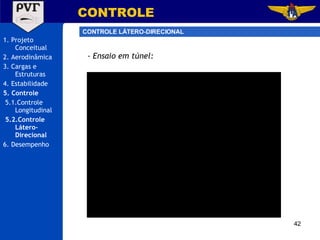1. Projeto Conceitual 2. Aerodinâmica 3. Cargas e Estruturas 4. Estabilidade 5. Controle 5.1.Controle Longitudinal 5.2.Controle Látero-Direcional 6. Desempenho CONTROLE CONTROLE LÁTERO-DIRECIONAL - Ensaio em túnel: 