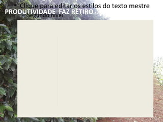 • Clique para editar os estilos do texto mestre
PRODUTIVIDADE FAZ RETIRO
     – Segundo nível
         • Terceiro nível
                – Quarto nível
                      83.11
                   » Quinto nível


                                           59.56




                                                   38.7


                                                           21



          8.7
                                    3.6



      SAFRA 08/09            SAFRA 10/11           MEDIA
 