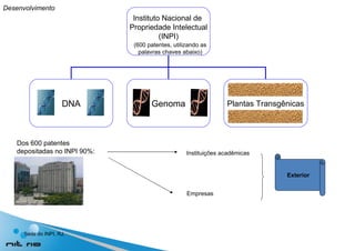Dos 600 patentes  depositadas no INPI 90%: Instituições acadêmicas Empresas Sede do INPI, RJ. Exterior Desenvolvimento Instituto Nacional de  Propriedade Intelectual (INPI)  DNA Genoma Plantas Transgênicas (600 patentes, utilizando as palavras chaves abaixo) 