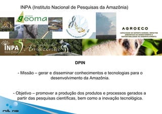 INPA (Instituto Nacional de Pesquisas da Amazônia) DPIN  - Missão – gerar e disseminar conhecimentos e tecnologias para o desenvolvimento da Amazônia. - Objetivo – promover a produção dos produtos e processos gerados a  partir das pesquisas científicas, bem como a inovação tecnológica. CAPACIDADE DE SUPORTE HUMANO, IMPACTOS AMBIENTAIS DO DESMATAMENTO E SUSTENTABILIDADE DO DESENVOLVIMENTO 
