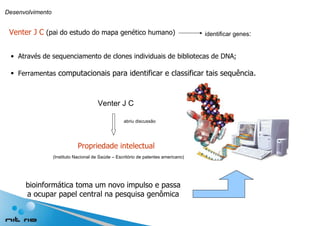 Desenvolvimento Venter J C   (pai do estudo do mapa genético humano) Através de sequenciamento de clones individuais de bibliotecas de DNA;  Ferramentas  computacionais para identificar e classificar tais sequência. Propriedade intelectual Venter J C bioinformática toma um novo impulso e passa a ocupar papel central na pesquisa genômica abriu discussão (Instituto Nacional de Saúde – Escritório de patentes americano) identificar genes :  