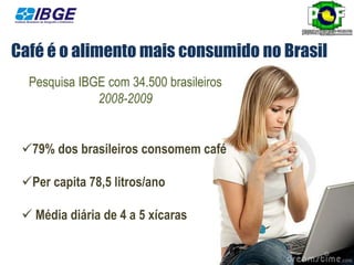 Café é o alimento mais consumido no Brasil
  Pesquisa IBGE com 34.500 brasileiros
              2008-2009


 79% dos brasileiros consomem café

 Per capita 78,5 litros/ano

  Média diária de 4 a 5 xícaras
 