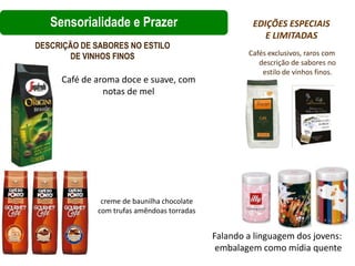 Sensorialidade e Prazer                           EDIÇÕES ESPECIAIS
                                                        E LIMITADAS
DESCRIÇÃO DE SABORES NO ESTILO
       DE VINHOS FINOS                              Cafés exclusivos, raros com
                                                       descrição de sabores no
                                                        estilo de vinhos finos.
     Café de aroma doce e suave, com
               notas de mel




              creme de baunilha chocolate
             com trufas amêndoas torradas


                                            Falando a linguagem dos jovens:
                                             embalagem como mídia quente
 