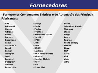 Fornecedores
- Fornecemos Componentes Elétricos e de Automação dos Principais
Fabricantes:
 ◦   ABB              ◦   Elesys            ◦   Scane
 ◦   Adilmarti        ◦   Fenix             ◦   Schneider Eletric
 ◦   Aidem            ◦   Finder            ◦   Siemens
 ◦   Altronic         ◦   Frontec           ◦   Steck
 ◦   Brum             ◦   Hellerman Tyton   ◦   Stego
 ◦   Burndy           ◦   Intelli           ◦   Tasco
 ◦   Bussmann         ◦   IPCE              ◦   Taunus
 ◦   Cabur            ◦   JNG               ◦   Tecno Supply
 ◦   Carthom’s        ◦   KMK               ◦   Tianus
 ◦   Cebel            ◦   KRON              ◦   Tigre
 ◦   Cemar            ◦   Luxtron           ◦   TRA
 ◦   Clamper          ◦   MCR Ferramentas   ◦   Varix
 ◦   Coel             ◦   Minuzzi           ◦   Vick
 ◦   Conexel          ◦   Moeller Eletric   ◦   Vipar
 ◦   Dutoplast        ◦   Murr              ◦   WEG
 ◦   Dutotec          ◦   Pial
 ◦   Eaton Ltda       ◦   Press Mat
 