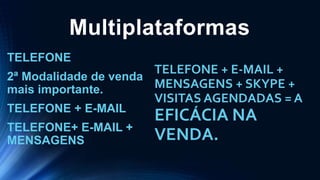 Multiplataformas
TELEFONE
2ª Modalidade de venda
mais importante.
TELEFONE + E-MAIL
TELEFONE+ E-MAIL +
MENSAGENS
TELEFONE + E-MAIL +
MENSAGENS + SKYPE +
VISITAS AGENDADAS = A
EFICÁCIA NA
VENDA.
 