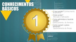 CONHECIMENTOS
BÁSICOS  O que vender? Conhecimento
do produto
 Onde vender?
Mercado e Aplicações
 Como administrar o local de
vendas?
Gerenciamento do Território
 Como cumprir o plano
territorial?
Gerenciamento do Tempo
 