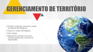  Estude, organize, execute e avalie
os planos estratégicos;
 Faça um mapa estratégico;
 Fixe metas;
 Mantenha contato com seus
clientes potenciais e tenha-os
registrados.
GERENCIAMENTO DE TERRITÓRIO
 