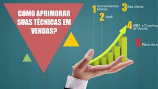 Conhecimentos
básicos
1
2
3Seu cliente
4AIDA e Coaching
de Vendas
5Plano de aç
COMO APRIMORAR
SUAS TÉCNICAS EM
VENDAS?
Você
 