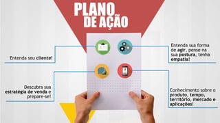 DE AÇÃO
PLANO
Descubra sua
estratégia de venda e
prepare-se!
Conhecimento sobre o
produto, tempo,
território, mercado e
aplicações!
Entenda seu cliente!
Entenda sua forma
de agir, pense na
sua postura, tenha
empatia!
 