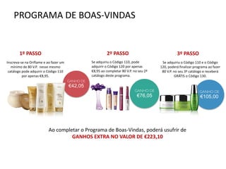 PROGRAMA DE BOAS-VINDAS
GANHO DE
€42,05
GANHO DE
€105,00
Inscreva-se na Oriflame e ao fazer um
mínimo de 80 V.P. nesse mesmo
catálogo pode adquirir o Código 110
por apenas €8,95.
Se adquiriu o Código 110, pode
adquirir o Código 120 por apenas
€8,95 ao completar 80 V.P. no seu 2ª
catálogo deste programa.
GANHO DE
€76,05
Se adquiriu o Código 110 e o Código
120, poderá finalizar programa ao fazer
80 V.P. no seu 3º catálogo e receberá
GRÁTIS o Código 130.
Ao completar o Programa de Boas-Vindas, poderá usufrir de
GANHOS EXTRA NO VALOR DE €223,10
1º PASSO 2º PASSO 3º PASSO
 