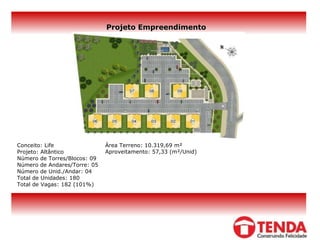 Conceito: Life Projeto: Altântico  Número de Torres/Blocos: 09 Número de Andares/Torre: 05 Número de Unid./Andar: 04 Total de Unidades: 180 Total de Vagas: 182 (101%) Projeto Empreendimento Área Terreno:  10.319,69 m²   Aproveitamento: 57,33 (m²/Unid) 
