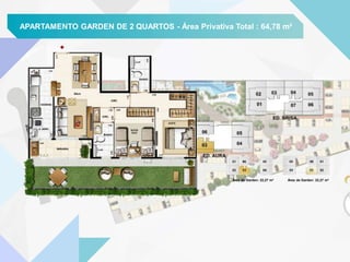 APARTAMENTO GARDEN DE 2 QUARTOS - Área Privativa Total : 64,78 m²
Área de Garden: 22,27 m² Área de Garden: 22,27 m²
 