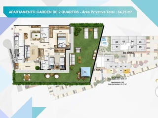 APARTAMENTO GARDEN DE 2 QUARTOS - Área Privativa Total : 64,76 m²
Apartamento 101
Área de Garden: 65,53 m²
Apartamento 106
Área de Garden: 61,72 m²
 