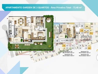 APARTAMENTO GARDEN DE 3 QUARTOS - Área Privativa Total : 73,48 m²
Apartamento 102 e 105
Área de Garden: 70,49 m²
Apartamento 101
Área de Garden: 40,81 m²
Apartamento 106
Área de Garden: 45,54 m²
Apartamento 102
Área de Garden: 39,02 m²
Apartamento 101
Área de Garden: 40,81 m²
Apartamento 102
Área de Garden: 39,02 m²
 