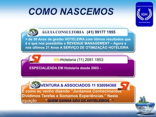 COMO NASCEMOS
+ de 30 Anos de gestão HOTELEIRA com ótimos resultados que
é o que nos possibilita o REVENUE MANAGEMENT – Agora e
nos últimos 21 Anos A SERVIÇO DE OTIMIZAÇÃO HOTELEIRA
ESPECIALIZADA EM Hotelaria desde 2003 -
E como eu venho dizendo “Juntamos Conhecimentos
Dividimos Tarefas e Somamos Experiências.” Nesta
equação “QUEM GANHA SÃO OS HOTELEIROS” “
ÁGUIA CONSULTORIA (41) 99177 1955
SN-Hotelaria (11) 2081 1853
VENTURA & ASSOCIADOS 11 930094368
 