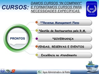 CURSOS:
**Revenue Management Pleno
*Gestão de Restaurantes pelo R.M.
*GOVERNANÇA
VENDAS, RESERVAS E EVENTOS
Excelência no Atendimento
PRONTOS
DAMOS CURSOS “IN COMPANY”
E FORMATAMOS CURSOS PARA
NECESSIDADES EXPECÍFICAS.
 