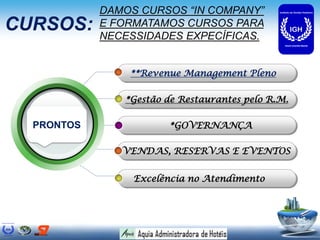 DAMOS CURSOS “IN COMPANY”
CURSOS:     E FORMATAMOS CURSOS PARA
            NECESSIDADES EXPECÍFICAS.


                **Revenue Management Pleno

               *Gestão de Restaurantes pelo R.M.

  PRONTOS              *GOVERNANÇA

               VENDAS, RESERVAS E EVENTOS


                 Excelência no Atendimento
 