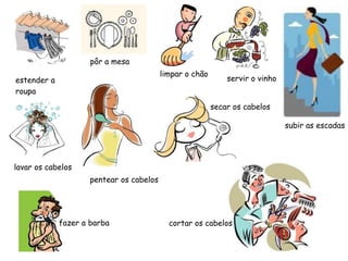 estender a
roupa
servir o vinho
pôr a mesa
subir as escadas
limpar o chão
lavar os cabelos
pentear os cabelos
secar os cabelos
fazer a barba cortar os cabelos
 