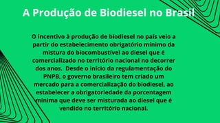 O incentivo à produção de biodiesel no país veio a
partir do estabelecimento obrigatório mínimo da
mistura do biocombustível ao diesel que é
comercializado no território nacional no decorrer
dos anos. Desde o início da regulamentação do
PNPB, o governo brasileiro tem criado um
mercado para a comercialização do biodiesel, ao
estabelecer a obrigatoriedade da porcentagem
mínima que deve ser misturada ao diesel que é
vendido no território nacional.
A Produção de Biodiesel no Brasil
 