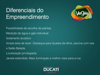 Diferenciais do
Empreendimento
Possibilidade de escolha de plantas
Medição de água e gás individual
Isolamento acústico
Ampla área de lazer: Destaque para Quadra de tênis, piscina com raia
e Salão Balada.
Localização privilegiada.
Janela estendida: Mais iluminação e melhor vista para a rua
 
