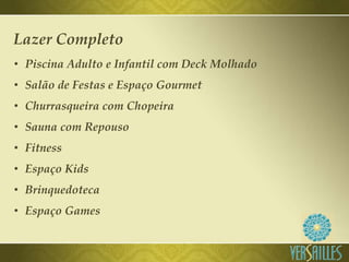 Lazer Completo
• Piscina Adulto e Infantil com Deck Molhado
• Salão de Festas e Espaço Gourmet
• Churrasqueira com Chopeira
• Sauna com Repouso
• Fitness
• Espaço Kids
• Brinquedoteca
• Espaço Games
 