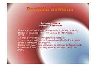 Leonardo Moura
Diretoria Comercial
• Graduação em Sistema de Informação – UNIVERCIDADE;
• Master Of Business (MBA) em Gestão de RH/ Pessoas –• Master Of Business (MBA) em Gestão de RH/ Pessoas –
UFF/RJ;
• 13 anos de vivência com Gestão de Pessoas;
• 11 anos de experiência profissional com Gestão Empresarial,
Vendas e Estratégias de Negócio.
• Gestor com experiência relevante no start up da Terceirização
de Combate à Fraude da Seguradora Líder dos Consórcios
DPVAT.
 