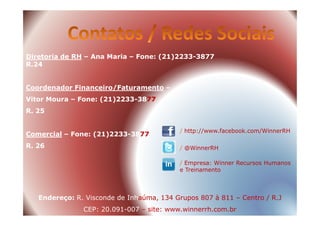Diretoria de RH – Ana Maria – Fone: (21)2233-3877
R.24
Coordenador Financeiro/Faturamento –
Vitor Moura – Fone: (21)2233-3877
R. 25R. 25
Comercial – Fone: (21)2233-3877
R. 26
Endereço: R. Visconde de Inhaúma, 134 Grupos 807 à 811 – Centro / R.J
CEP: 20.091-007 – site: www.winnerrh.com.br
/ http://www.facebook.com/WinnerRH
/ @WinnerRH
/ Empresa: Winner Recursos Humanos
e Treinamento
 