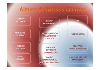 SIM TV
TV CIDADE GRUPO
CCR - BARCAS
RODOBENS
CONSÓRCIO
TIM
SP EQUIPAMENTO
TRANSPORTE E
FUTURA BRASIL
CONSÓRCIO
DISTAC
VEÍCULOS
TAMOYO
INTERNACIONAL
VIAGENS E TURISMO
REAL PARK
ESTACIONAMENTOS
SHOPPING SÃO LUIZ
MADUREIRA
TRANSPORTE E
LOGÍSTICA
FUTURA BRASIL
ENERJAX
BATERIAS
ANDRADE
GUTIERREZ
CONSTRUTORA
 