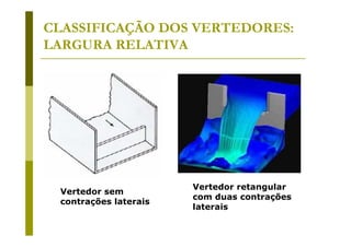 CLASSIFICAÇÃO DOS VERTEDORES:
LARGURA RELATIVA

Vertedor sem
contrações laterais

Vertedor retangular
com duas contrações
laterais

 